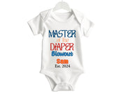 Short Sleeve Custom Name Bodysuit with Master of the Diaper Blowout