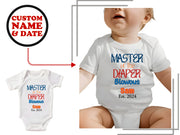 a white bodysuit with the words, master of the diaper blowout sam