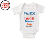 a white bodysuit with the words master of the diaper blowout on it