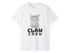 a white t - shirt with a drawing of a cat that says claw crew