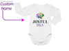 a baby bodysuit with the name joyful island printed on it