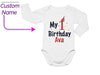 a baby bodysuit with the name of a child&#39;s first birthday