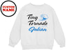 a white sweatshirt with the words, tiny tornado gulian on it