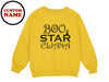 a yellow sweatshirt with the words boo star glane printed on it