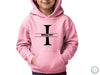 a young boy wearing a pink hoodie with the letter i on it