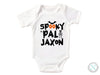 a white bodysuit with the words spooky pall saxon on it