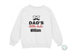 a white sweatshirt with the words dad&#39;s little dude written on it