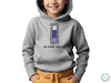 a young boy wearing a grey hoodie with the words is for israel on it