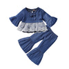 SkipStars Girls 2 Piece Full Sleeve Dress Bow Top & Trouser Set, Denim Blue